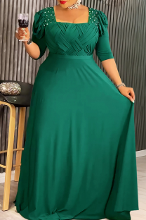Green Elegant Solid Color Ruched Square Neck Long Plus Size Dresses