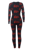 Black And White Casual Print Buttons V Neck Skinny Jumpsuits