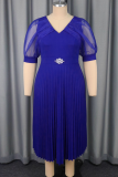 Blue Elegant Solid Color Pleated V Neck Evening Dresses