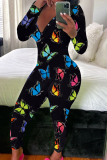 Black And White Casual Print Buttons V Neck Skinny Jumpsuits