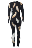 Black And White Casual Print Buttons V Neck Skinny Jumpsuits