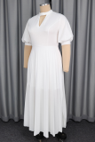 White Elegant Solid Color Hollow Out Pleated O Neck Evening Dresses