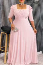Pink Elegant Solid Color Ruched Square Neck Long Plus Size Dresses