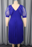 Blue Elegant Solid Color Pleated V Neck Evening Dresses