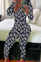 Black And White Casual Print Buttons V Neck Skinny Jumpsuits