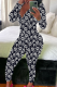 Black And White Casual Print Buttons V Neck Skinny Jumpsuits