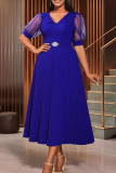 Blue Elegant Solid Color Pleated V Neck Evening Dresses