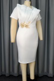 White Elegant Solid Color Flounce O Neck Evening Dresses