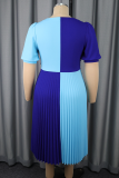 Blue Elegant Pleated Contrast V Neck Evening Dresses