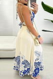 White Elegant Print Slit Spaghetti Strap Sleeveless Two Pieces