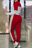Red Casual Contrast O Neck Long Sleeve Two Pieces