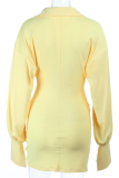 Yellow Sexy Solid Color Ruched Shirt Collar Shirt Dresses
