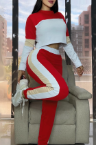 Red Casual Contrast O Neck Long Sleeve Two Pieces