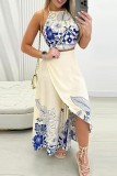 White Elegant Print Slit Spaghetti Strap Sleeveless Two Pieces