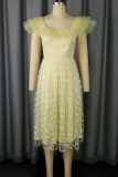 Yellow Party Elegant Solid Color Flowers Mesh Square Neck A Line Dresses