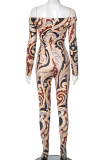 Colour Sexy Print Patchwork Off Shoulder Skinny Jumpsuits