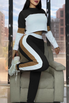Black Casual Contrast O Neck Long Sleeve Two Pieces