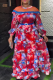 Red Elegant Print With Belt Hot Drill Contrast O Neck Long Plus Size Dresses