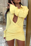Yellow Sexy Solid Color Ruched Shirt Collar Shirt Dresses