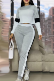 Red Casual Contrast O Neck Long Sleeve Two Pieces