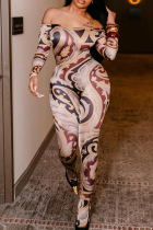 Colour Sexy Print Patchwork Off Shoulder Skinny Jumpsuits