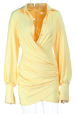 Yellow Sexy Solid Color Ruched Shirt Collar Shirt Dresses