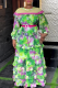 Green Elegant Print With Belt Hot Drill Contrast O Neck Long Plus Size Dresses