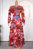 Green Elegant Print With Belt Hot Drill Contrast O Neck Long Plus Size Dresses