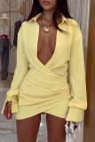 Yellow Sexy Solid Color Ruched Shirt Collar Shirt Dresses