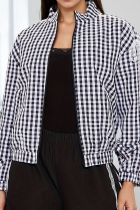 Navy Blue Casual Plaid Lace Zipper Zipper Collar Outerwear