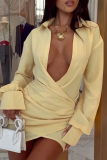 Yellow Sexy Solid Color Ruched Shirt Collar Shirt Dresses