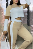 Khaki Casual Contrast O Neck Long Sleeve Two Pieces