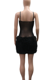 Black Sexy Solid Color See-Through Spaghetti Strap Wrapped Skirt Dresses
