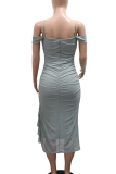 Apricot Sexy Solid Color Ruffle Slit Spaghetti Strap Wrapped Skirt Dresses