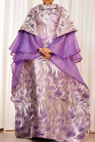 Purple Elegant Print Flounce O Neck Long Dresses
