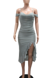 Apricot Sexy Solid Color Ruffle Slit Spaghetti Strap Wrapped Skirt Dresses