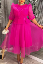 Rose Red Elegant Solid Color With Belt Mesh O Neck A Line Plus Size Dresses