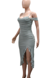 Apricot Sexy Solid Color Ruffle Slit Spaghetti Strap Wrapped Skirt Dresses