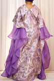 Purple Elegant Print Flounce O Neck Long Dresses