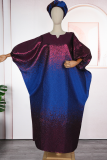Red Blue Casual Gradient Patchwork O Neck Long Dresses