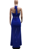 Blue Sexy Solid Color Backless Slit Halter Long Dresses