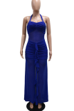 Blue Sexy Solid Color Backless Slit Halter Long Dresses
