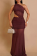 Red Sexy Solid Color See-Through Mesh Oblique Collar Long Dresses