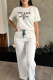 White Casual Letters Patchwork O Neck Short Sleeve Two Pieces