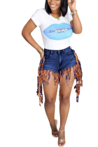 Orange Tassel Design Distressed Denim