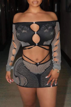 Black Sexy Solid Color Hollow Out Off Shoulder Wrapped Skirt Dresses