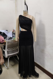 Black Sexy Solid Color See-Through Mesh Oblique Collar Long Dresses