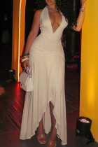 Beige Elegant Solid Color Ruched Deep V Neck Irregular Dresses