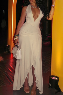 Beige Elegant Solid Color Ruched Deep V Neck Irregular Dresses