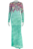 Green Elegant Print Patchwork O Neck Long Dresses